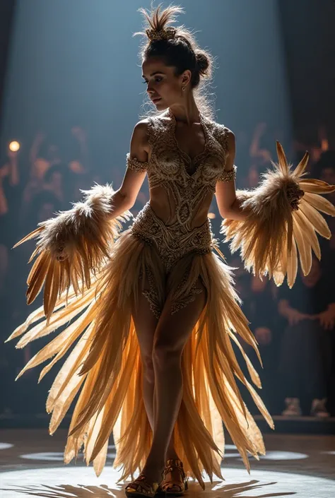 "A captivating scene of a girl performing a mesmerizing dance on a grand stage. She is dressed in an elegant, hawk-inspired outfit with intricate feather patterns and textures, blending shades of brown, gold, and silver to resemble a majestic hawk's plumag...