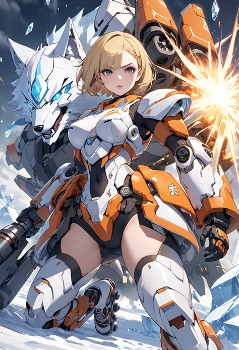 A mechanical girl, Beautiful, cute and sexy. She has blonde short hair, gray eyes, white mechanical armor and orange trim, She has symmetrical mecha armor, battle scene, attack with mecha rollerblades and ice effect, and big mecha wolf with, ice explosion,...