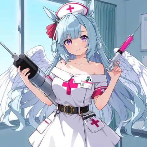 masterpiece, 1girl, mejiro ardan \(umamusume\), cosplay injection fairy lily \(yu-gi-oh!\), yu-gi-oh! duel monsters, angel, nurse cap, oversized object, oversized syringe, holding syringe, collarbone, angel wings, bare shoulders, belt, Red cross on chest c...