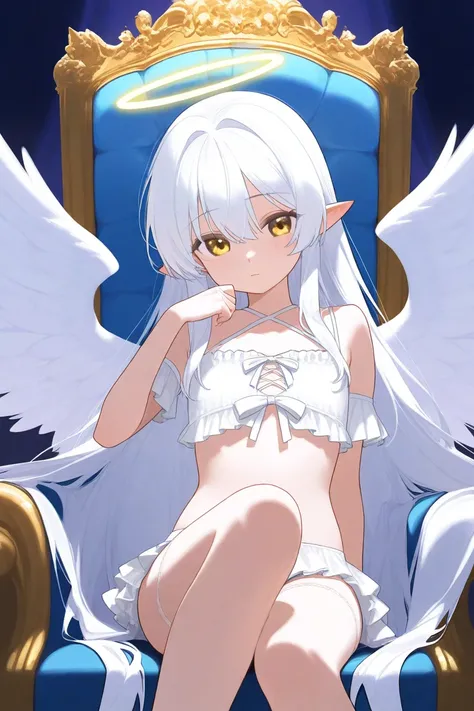 A lolita Angel girl white Hairs, pointed ears, golden eyes, small chest, white wings, white underwears, sitting on the throne