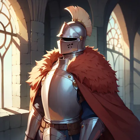 a knight in heavy armor. the knight has a cape and stands inside a castle. they have a helmet on them that covers their face.