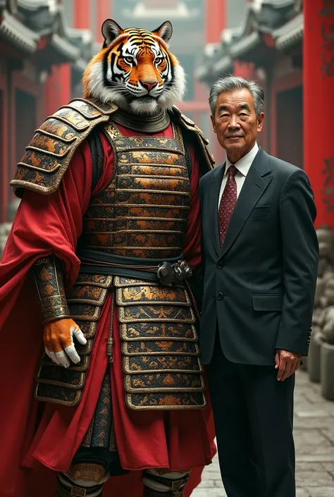 "A noble tiger warrior in traditional armor, with President Kishida beside him."
