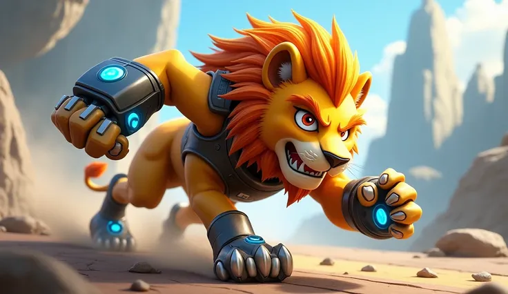 A 3D  image of  A furious  cartoon powerful male lion (a sleek golden coat, wearing protective safety gear. His limbs have a metallic sheen, and glowing blue cybernetic claws enhance his strength. His sharp eyes radiate intelligence as he stands poised and...