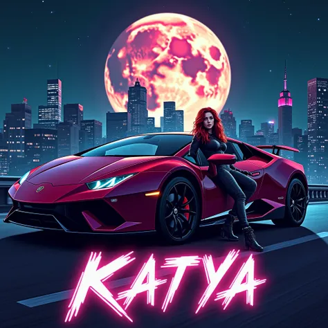  Create the image of the black widow and air the heroes of Marvel ,  sitting all in a sports car in the city of New York , On a starry night and the full Moon ,   that the primary colors highlight what look beautiful ,  with the text 'KATYA' below in neon ...