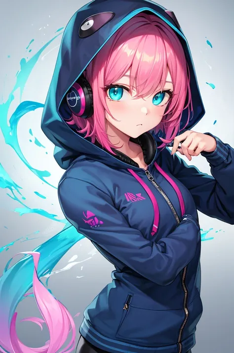 a girl, short hair, purple hair, pink inner colored hair, cold expression, piercing gaze, jacket, beautiful face, beautiful eyes, gradient hair, fade hair cut, messy hair, headphones, hood down, aqua eyes, gradient eyes, textured skin, super detail, UHD, m...