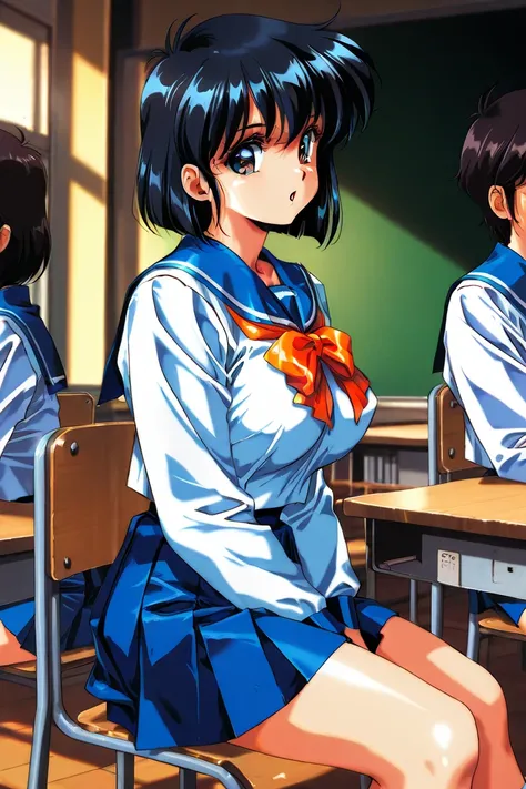 90s Style, classroom,  schoolgirl,  black hair,  short hair while on a business trip, blue sailor suit, huge tits, Pretty short skirt, On a chair,  Cinematic Edge Lighting ,  BRIGHT,  looks fun