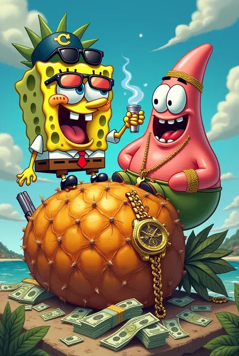  SpongeBob and Patrick dressed as rappers with a gold watch and a cord,  smoking one on top of SpongeBob's house a pineapple , With a lot of money and armed 