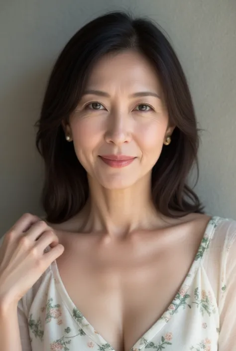 A close-up image of a middle-aged Japanese woman wearing a floral print A-line dress with a soft scoop neckline. She has semi-long wavy hair, a gentle smile, and is lightly resting her hand on her shoulder. The background features a subtle gray wall with a...