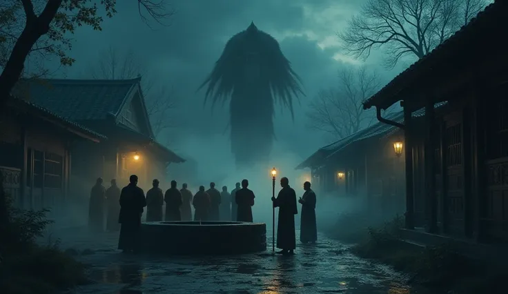 Image: A night scene of the haunted village. Eerie, shadowy figures hover over the village, while the monks gather around a well, chanting. Kim Cang stands guard, his staff glowing with a protective light.
Caption: The monks face their greatest challenge y...