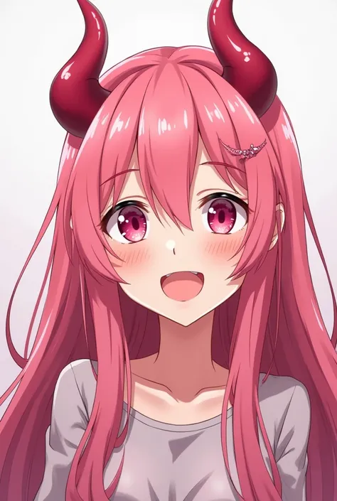 Generate:  woman  , 27-30 years old looking  ,  a demon in a portrait in anime drawing. Pink nucleated acid hair long hair,  pink eyes. Facial expression laughter and happiness , don't draw horns . Without horns ! No horns!