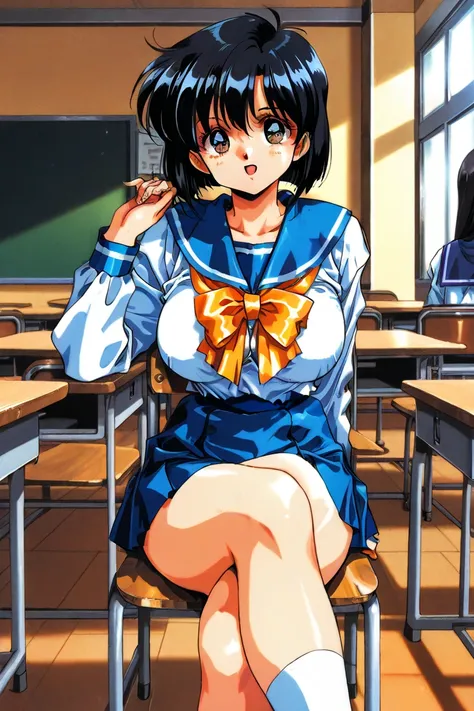 90s Style, classroom,  schoolgirl,  black hair,  short hair while on a business trip, blue sailor suit, huge tits, Pretty short skirt, On a chair, sit cross legged,  BRIGHT,  looks fun