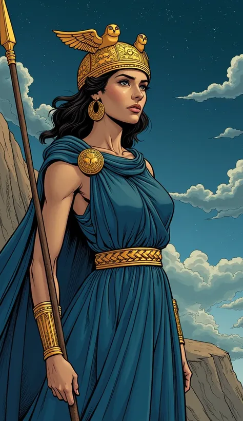  Athena appears on the right side of the scene ,  x} positioned on a cliff under a starry sky filled with heavy clouds . The art is stylized,  with clear lines and a graphic style that mixes comics and mythological painting .  Her face is clearly drawn as ...