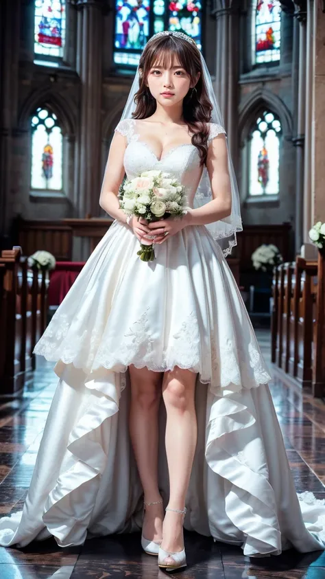 A beautiful young Japanese woman, 26 years old, with healthy thighs, beautiful legs, flawless skin, random hair color and style, large breasts, wearing a (wedding dress:1.3), (she is standing:1.2), full body shot, high heels, holding a bouquet in her hands...