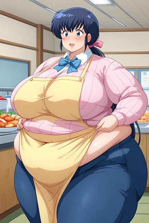 Otonashi Kyoko, long hair、紺色の髪、low ponytail,  pink barrette ribbon、Dark blue eyes、 yellow apron、 pink sweater 、Blue jeans 、white shirt, collared shirt,gigantic breasts,enormous breasts,Sloppy belly fat,Japanese-style room, troubled expression, embarrassed ...