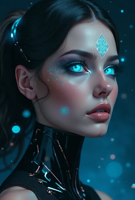 
" Hyperrealistic image of Diva 2 .0, una intheigencia artificial con forma humana,  with a fusion of digital art ,  illustration and a touch of surrealism that reflects her dual nature as an AI and as an evolving human being . En he centro de la imagen,  ...