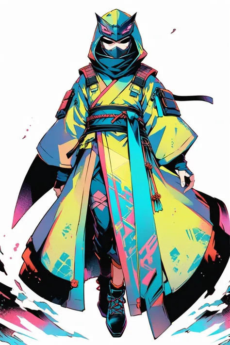  Cyberpunk Ninja Action Novel。solo ninja 。((white background illustration ))。(( full body illustration))。( )。 cyberpunk mask。Kimono-style ninja costume。