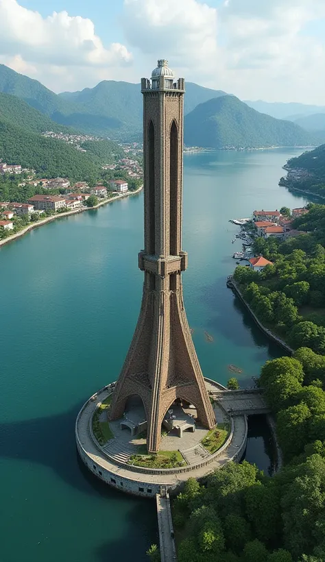 
This appears to be an aerial view of a unique tower structure near a body of water, surrounded by buildings, greenery, and hills. Could you tell me more about how I can assist with this image?










