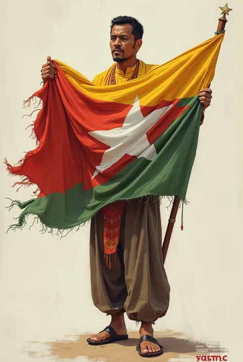 I want a full-length picture of a man holding a Burmese flag. Please create one.