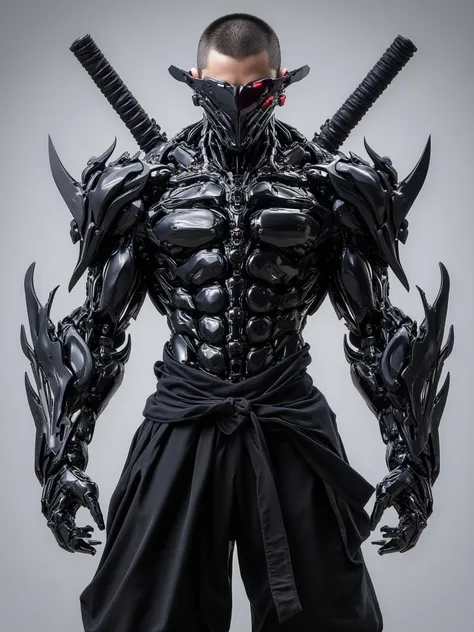 A young handsome asian guy. Slim body, buzzcut black hair. Sharp eyes. Wearing black samurai pants, Half part of his body turn into kamen rider black. Full body view.