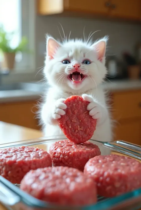 A cheerful white kitten with silky, pristine fur is carefully placing a raw hamburger patty onto a glass dish already filled with neatly arranged uncooked patties. The kitten’s tiny paws hold the patty delicately, its bright blue eyes sparkling with joy an...