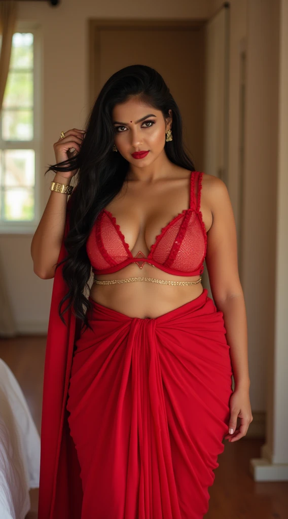 Busty woman, wearing red net sleeveless bra and red saree, exposing curvy midriff and navel,wearing thin gold waist chain,long black hair,combing her hair,walking in ramp,bright lighting,black thick eyelashes and eyeliners,curvy and thick body, inside bedr...