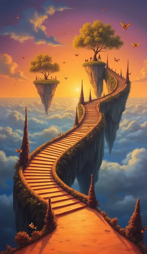 A vivid dreamscape painting, by Salvador Dali. A landscape of stairs from ground level to floating islands in the sky, winding stairs connecting one floating island to another, there are butterfly elements that decorate around the island with trees, The at...