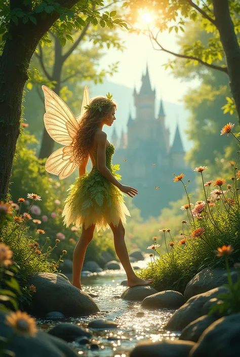 In a magical glade, sunlight filters through lush green leaves, casting a warm golden glow. A delicate fairy with iridescent wings flits about, leaving a trail of shimmering pixie dust in her wake. Her hair, a cascade of soft curls, is woven with tiny wild...