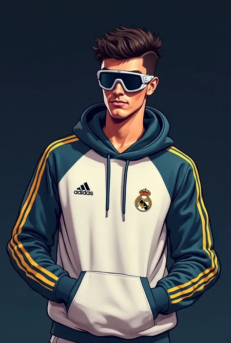 A minimalist illustration of a  character wearing a stylish hoodie inspired by Real Madrid's theme. The hoodie features white and gold accents, with the Real Madrid logo subtly embedded on the chest. The character wears modern goggles with a futuristic des...