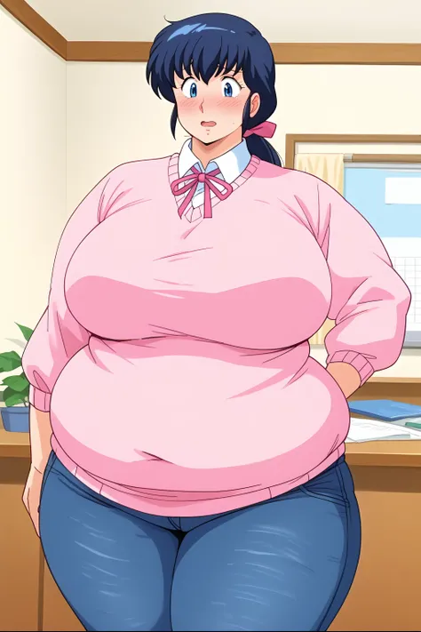 Otonashi Kyoko, long hair、紺色の髪、low ponytail,  pink barrette ribbon、Dark blue eyes、 pink sweater 、Blue jeans 、white shirt, collared shirt,gigantic breasts,enormous breasts,Sloppy belly fat,Japanese-style room, troubled expression, embarrassed expression ,bl...