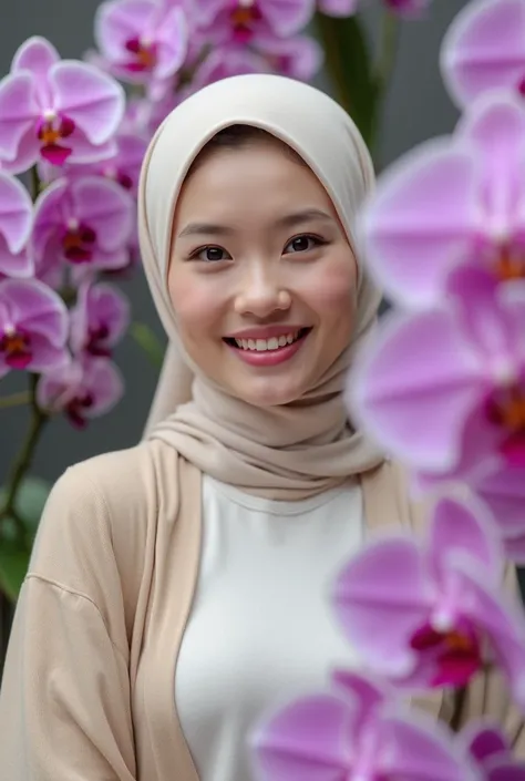  Epic photography style , Close-up View Of Blur Purple Orchid Flowers,Set Behind Her Beautiful Young Woman , clean white skin ,wearing a cream hijab,beige cardigan and t-shirt , wearing jeans ,ideal body ,ideal chest , elegant style cheerful laugh , ultra ...