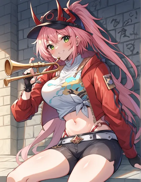  score_9,  score_8_ up,  score_7_ up,  source_Anime,  1 girl sitting underwater, Alone, Trumpet_Hess ,  pink hair with a scar,  ponytail,  long hair,  green eyes,  gradation shirt that Furakana has ,  baseball cap, False horns,  red jacket ,  open jacket, ...