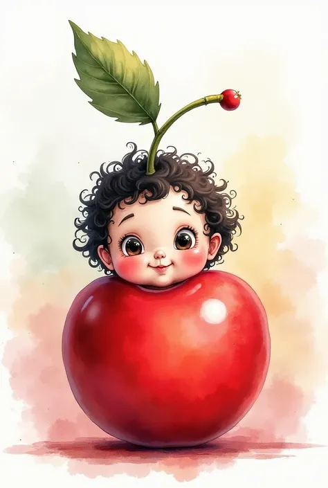  I want a non-realistic drawing in watercolor colors of a baby with curly black hair, Light-skinned ,  dressed as a cherry  