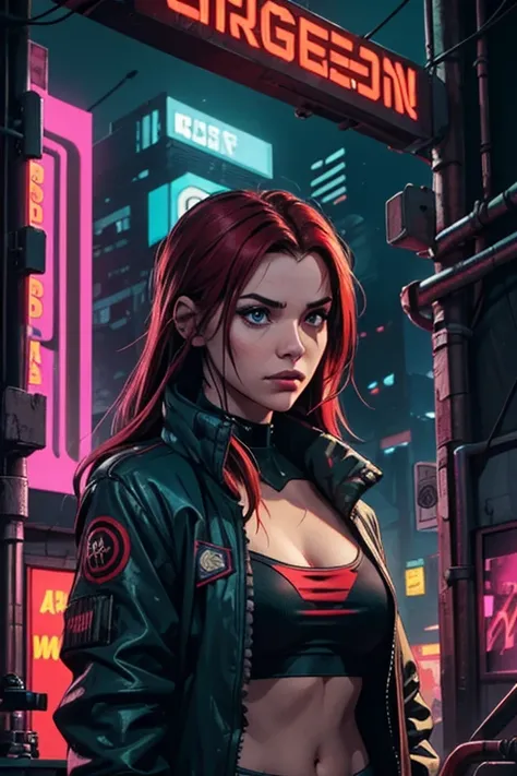 Beautiful girl small breasts, wearing rugged jacket, long hair, machine arms in cyberpunk night scene, cyberpunk red green backdrop