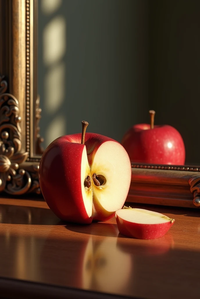 Draw me a picture of an apple on the table and the reflection of the bitten apple in the mirror.