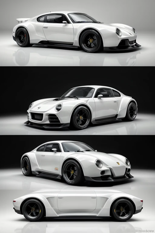 Concept design of a super sports car combining elements from the VW Beetle (Fusca) and Ferrari Dino. The car features the iconic rounded roofline and compact proportions of the VW Beetle, seamlessly blended with the sleek, aerodynamic curves and sporty ele...