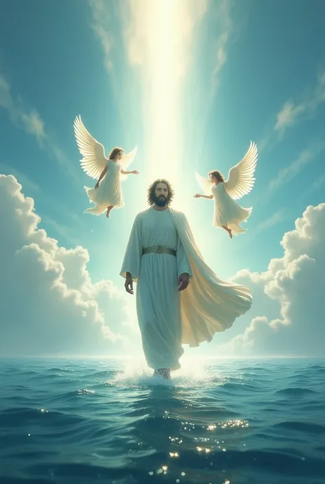 Create realistic image that god walking in the middle of the sea and light was shining while his two angel was following him flying 