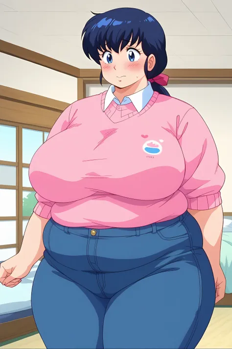 Otonashi Kyoko, long hair、紺色の髪、low ponytail, pink hairribbon、Dark blue eyes、 pink sweater 、Blue jeans 、white shirt, collared shirt,Japanese-style room,indoor,gigantic breasts,enormous breasts,Sloppy belly fat, troubled expression, embarrassed expression ,b...