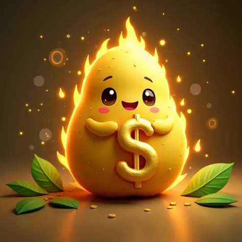 A golden cute potato hugging$dollar symbol oval anthropomorphism， radiates light （Metallic+Fire Attribute）， is surrounded by a few green leaves（Tree attributes）