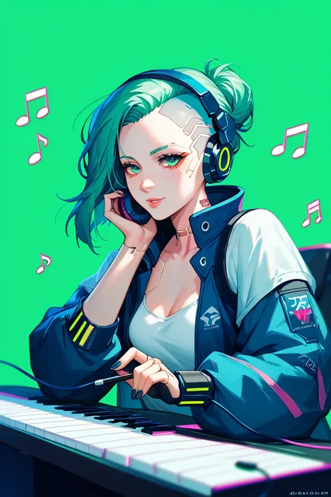 a woman in a futuristic outfit playing music on a keyboard and headphones with music notes behind her and a neon green background, Du Qiong, computer art, cyberpunk style, cyberpunk art