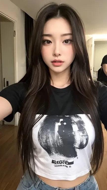 long hair, big tits, t-shirt