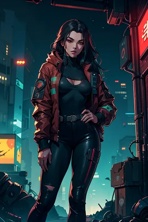 Beautiful girl small breasts, wearing rugged jacket, long hair, machine arms in cyberpunk night scene, cyberpunk red green backdrop