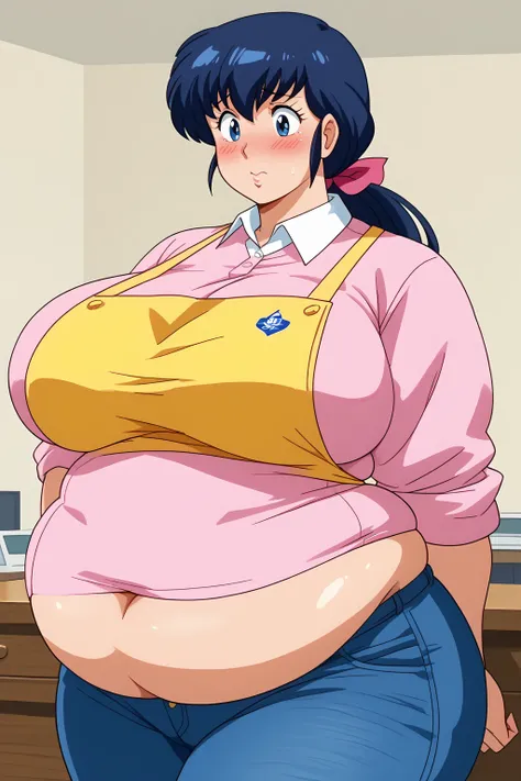 Otonashi Kyoko, long hair、紺色の髪、low ponytail, pink hairribbon、Dark blue eyes、 yellow apron、 pink sweater 、Blue jeans 、white shirt, collared shirt,gigantic breasts,enormous breasts,Sloppy belly fat,Japanese-style room, troubled expression, embarrassed expres...