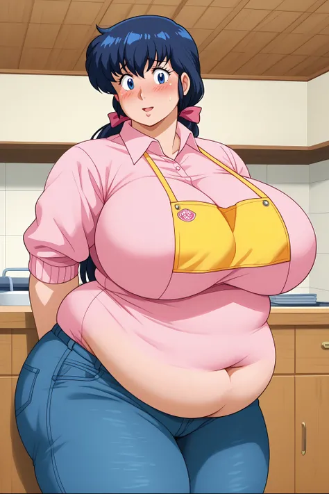 Otonashi Kyoko, long hair、紺色の髪、low ponytail, pink hairribbon、Dark blue eyes、 yellow apron、 pink sweater 、Blue jeans 、white shirt, collared shirt,gigantic breasts,enormous breasts,Sloppy belly fat,Japanese-style room, troubled expression, embarrassed expres...