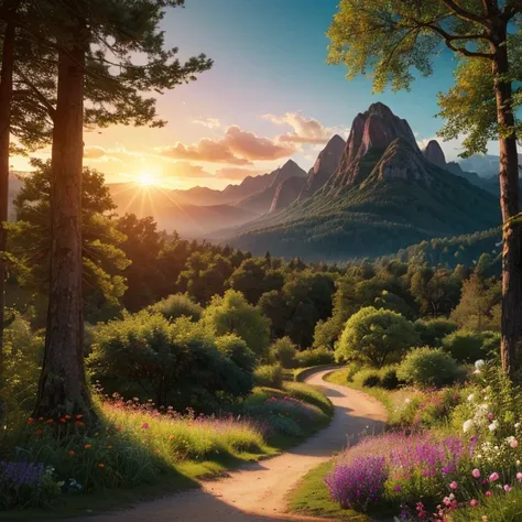 Ultra realistic, photorealism, photograph, 8K UHD, amazing quality, CGI quality, vivid colors, crystal clear, photograph of a stunning forest that is filled with mystical power and magic, it's sunset and the suns light is fading as the sun hides behind the...