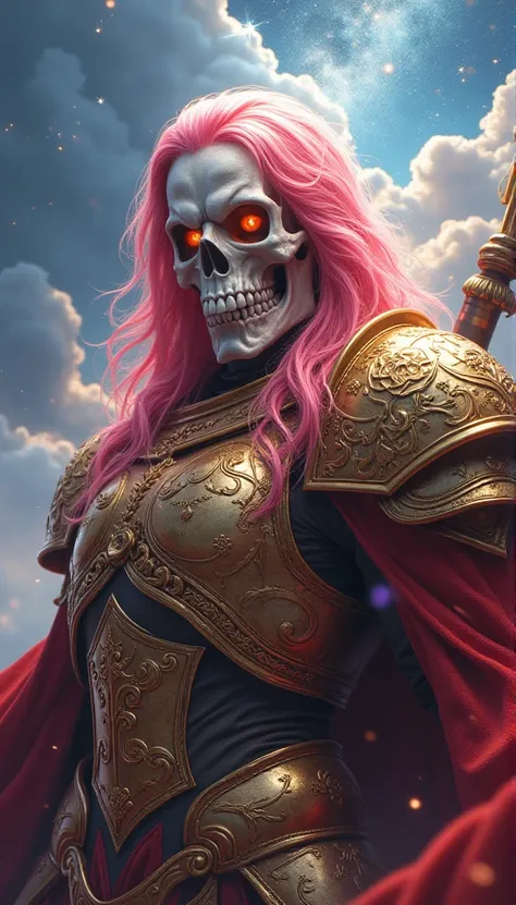 A majestic pink-haired skull with a sacred weapon,  Wears Gold Armor ,  block 、Powerful aura ,  with fiery eyes ,  surrounded by mystical clouds and shining stars in heaven,  Exudes Mysterious and Bravery .
material:  illustration
Additional Details :  dre...