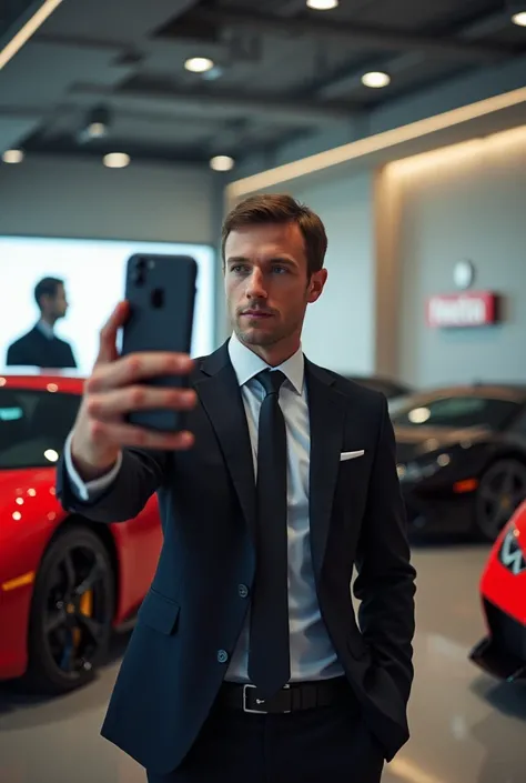  Realistic photo of a handsome 29-year-old man holding a phone ipone taking a picture with Mark Zuckerberg in the background with a meta logo written ( Fauzi AD  )  in a room full of Lamborghini Gallardo Superleggera sports cars  