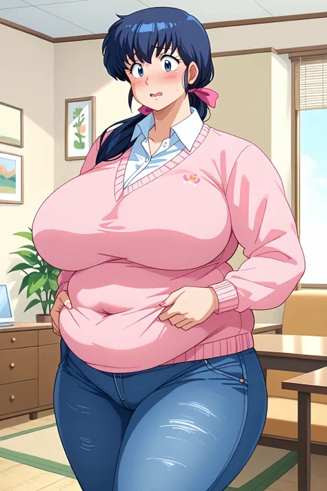 Otonashi Kyoko, long hair、紺色の髪、low ponytail, pink hairribbon、Dark blue eyes、 pink sweater 、Blue jeans 、white shirt, collared shirt,gigantic breasts,enormous breasts,Sloppy belly fat,Japanese-style room, living room, troubled expression, embarrassed express...