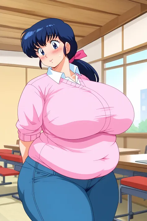 Otonashi Kyoko, long hair、紺色の髪、low ponytail, pink hairribbon、Dark blue eyes、 pink sweater 、Blue jeans 、white shirt, collared shirt,gigantic breasts,enormous breasts,Sloppy belly fat,Japanese-style room, living room, troubled expression, embarrassed express...