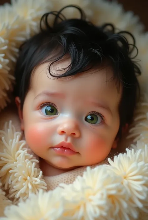 Create a baby with green eyes, light skin,  wavy black hair . 