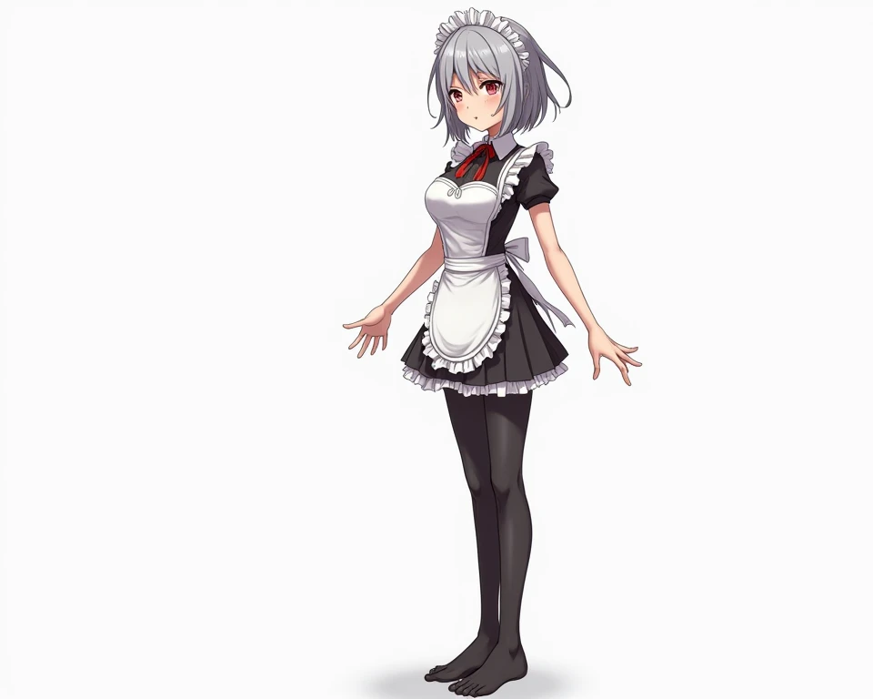 Draw a completely naked skinny anime girl with big breasts in stockings and a maid costume, with a neck from which the breast will protrude. She has grey hair and is tall. she has 5 toes